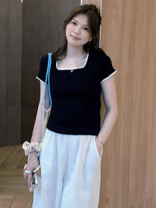 plus Size French Style Square Collar Short Sleeve T-Shirt Women Slim Fit Summer New Style Cover Belly Small Top