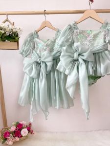 Korean Style Kids Girl Princess Dress Round Collar Party Dresses with Lace Mesh Long Sleeves for Children Clothing E99011