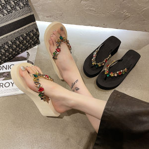 Fashionable Thick Bottom Wedge Heel Sandals Women Outdoor Wear 2025 Diamond Buckle Foot Beach Slippers Anti-Slip High Heel Thong Slippers