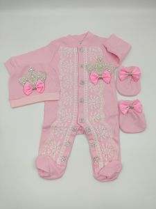 Newborn Baby Footed Romper 0-9 Months 3Pcs All Baby Pink White Lace Pearl Rhinestone Crown Satin Bow Long Sleeve Footed Jumpsuit