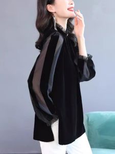 Silk Velvet Shirt Womens Mid-Length Spring Autumn 2023 New Design Sensation Small Black High-End Feeling Top Ladies Fashion