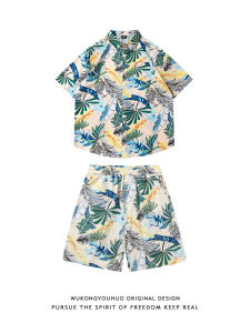 Summer Vacation Style Thin Full Print Beach Set Loose Short Sleeve Mens Shirt Shorts Two Piece Set Lightweight Casual Sportswear