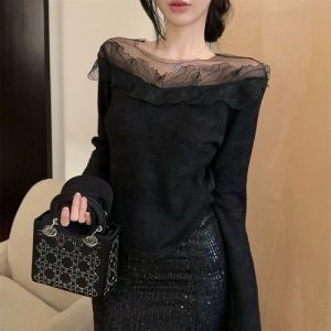 GUZILIAN | Elegant French Style One Shoulder Lace Mesh Knitted Base Shirt Womens Fashionable Unique Autumn Winter High End Feeling Top