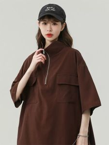 Womens Summer Short Sleeve T-Shirt Stand Collar Half Zip Polo Neck Design Casual Vintage Workwear Street Style Loose Fit Polyester Fiber