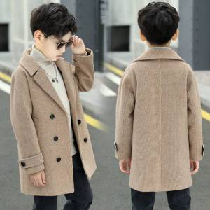 GRAZIA Childrens Korean Autumn and Winter Coat Wool Jacket Long Double Breasted Warm Flip Collar Pocket Jacket