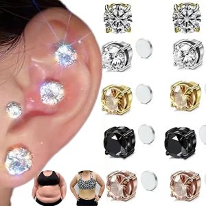 Punk Magnetic Rhinestone Zircon Clip Earrings for Men Women Black Silver Non-piercing Ear Clip