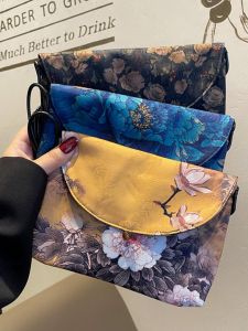 New Chinese Style Womens Crossbody Bag with Phone Pocket Lock Clasp Soft Polyester Material Daily Match Small Square Bag