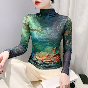 YIMEI เสื้อผ้าสตรีสไตล์ยุโรปเสื้อเชิ้ตฐานคอสูงแฟชั่นตาข่ายยืดหยุ่นได้2024ฤดูใบไม้ร่วงและฤดูหนาวเสื้อผ้าภาพวาดหมึกผู้หญิงตำแหน่งดอกไม้ย้อนยุค