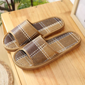 Bamboo & Rattan Summer Slippers for Women/Men - Breathable Couple Sandals Soft Sole Anti-Slip Indoor Slides for Home/Beach
