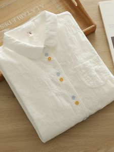 Áo Sơ Mi Nữ Dài Tay Thêu Ren Hoa Mận Mềm Mại Cỡ Nhỏ Nút Màu Chất Liệu Cotton Nguyên Chất Vai Áo Đi Làm
