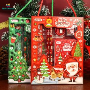 ของขวัญคริสต์มาส6ชิ้น/เซ็ตสำหรับงานเลี้ยงชุดเครื่องเขียนสำหรับเด็กที่ยางลบดินสอไม้บรรทัดสมุดโน้ตที่เหลาถุงใส่ของโรงเรียน