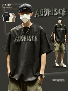 Summer Mens T-Shirt American High Street Fashion Brand Embroidered Letter round Neck Short Sleeve Suede Youth Casual Top