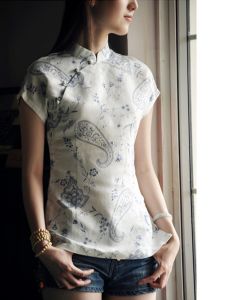 Blue And White Porcelain Cotton Linen Sleeveless Slim Fit Qipao Top Chinese Hanfu Retro Artistic plus Size Womens Wear