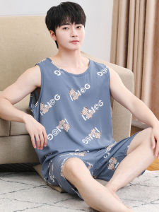 ฤดูร้อน ผู้ชาย แขนกุด เสื้อกั๊ก กางเกงขาสั้น ผ้าฝ้าย ผ้าไหม ชุดนอนชุดเยาวชนพ่อเสื้อผ้าบ้านสามารถสวมใส่นอกสบาย ระบายอากาศได้ดี