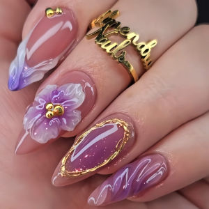 Medium fake nails for women girls Gradient purple colors with golden gilding frame almond nail art tips press on false nail art