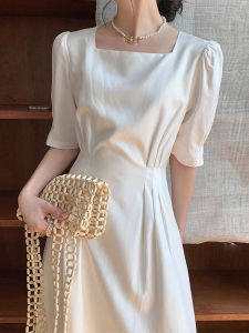 Elegant French Style Long Dress Slimming High Waist White Square Neckline Summer New Arrival Womens Fashion A-Line Dress