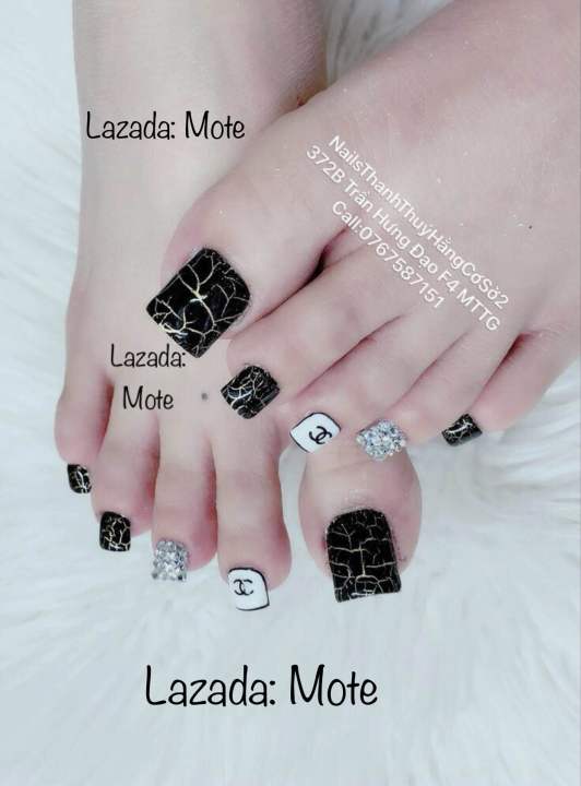 Bộ 24 móng chân giả thiết kế màu đen trắng nhãn hiệu/ Nailsbox thiết kế/  móng giả thiết kế | Lazada.vn