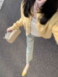 Korean Style Yellow Knitted Sweater Womens Spring New Loose Soft Short Cardigan Top Comfortable Commute Style Pure Color
