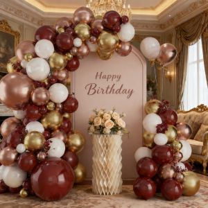 114Pcs DIY Wine Red Flower Garland Balloon Set 18/10/ 5inch Metallic Gold/Rose Gold/Wine Red/White Balloons Suitable for Birthday Parties Graduation Ceremonies Weddings Bridal Showers Anniversary Balloon Chains.