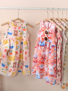 ชุดนอนเด็กผู้หญิง ชุดกระโปรงเจ้าหญิงฤดูร้อน เสื้อกั๊กแขนกุดบาง ลายดอกไม้ น่ารัก ลำลอง ใส่อยู่บ้าน ผ้าไนลอนผสมโพลีเอสเตอร์