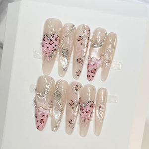 10PCS Leopard Print French Fake Nails with Hearts Pink Glitter Cat Eye Press On Nails for Women Party Wedding Wearing