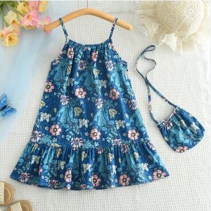 Bear Leader Summer Floral Print Dresses for Baby Girls Clothes New Flower Print Strap Dress with a Bag for Kids Girl Casual Clothing 3 4 5 6 7 Years Childrens Casual Wear