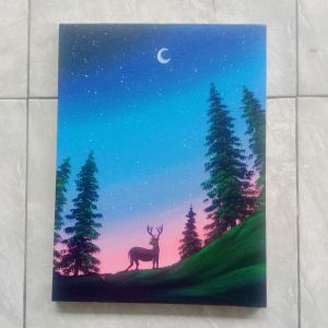 Hiasan Dinding Dekorasi Ruang Tamu Lukisan Pemandangan Malam Purnama Aesthetic Handmade Bahan Kanvas Ukuran 30x40cm