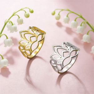 Hollow Lotus Womens Ring Stainless Steel Girls Retro Religious Buddhist Talisman Mothers Day Jewelry Gift