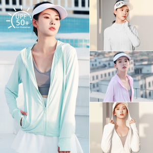 CCW Summer UPF50+ womens sunscreen hoodie long-sleeved solid color thin jacket breathable UV protection shirt ice silk clothing