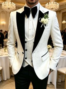 3 Piece Ivory Jacquard Peak Lapel Single Breasted Suits for Men Formal Business Wedding Groom Tuxedo Outfits Blazer+Vest+Pant