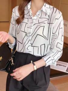 AMMIN 2025 Spring and Autumn new simple lapel fashion r simple geometric line print patchwork long sleeve commuter chiffon shirt womans Korean style single-breasted elegant blouse