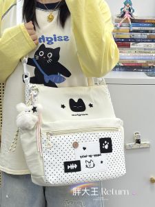 Japanese Style College Preppy Polka Dot Cat Cartoon Tote Bag Womens Large Capacity Single Shoulder Bag for Class And Travel