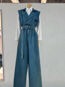 Mi Sier Sheep 2024 New Arrival Elegant Sleeveless Wind Coat Stylish High Waist Tight Waist Wide-Leg Jeans Jumpsuit Tide