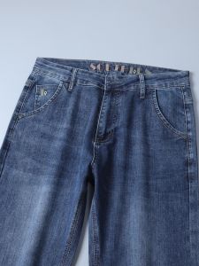 Mens Spring Summer Thin Drapey Loose Jeans Cotton Elastic Fabric Straight Leg High Waist Long Trousers Casual High Quality