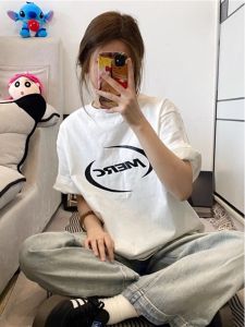 plus Size Pure Cotton American Letter Trendy Short Sleeve T-Shirt Women Summer 2024 New Ins Couple Top Street Style Loose Fit