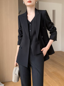 ชุดเสื้อสูทผู้หญิง ชุดสามชิ้น ชุดทำงานระดับไฮเอนด์ แขนยาว ทรงเข้ารูป คอปกสูท กระดุมสองแถว ผ้าโพลีเอสเตอร์
