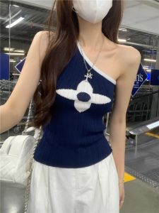 chaqi | French Style Irregular Shoulder Ice Silk Knitted Vest Women Summer Outdoor Wear Design Slim Fit Sleeveless Top