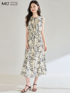 Mo | Summer 2025 New Style Womens Tencel Linen Loose Fit Sleeveless Round Neck Printed Dress Elegant Casual A-Line Gown Without Elasticity