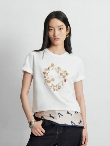 Vero Moda | New Design 100% Cotton Rhinestone Accented Print Regular Shoulder T-Shirt