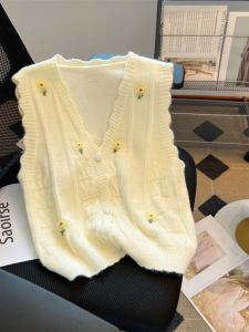 เสื้อกั๊กถักปักลายดอกไม้สไตล์นักเรียนสำหรับผู้หญิง ฤดูใบไม้ร่วง 2025 เสื้อคาร์ดิแกนหลวมๆ สไตล์สตรีท แขนกุด คอวี