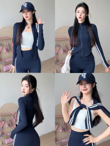 Gogoyoga Womens Yoga Fitness Sports Outfit Slimming Crop Top Capri Pants Long Sleeve Exercise Training Ensemble Spring Autumn