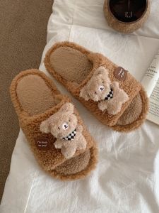 Dép Đi Trong Nhà Mùa Đông Dép Đi Trong Nhà Nữ Dễ Thương Khăn Quàng Cổ Gấu Chống Trượt Ấm Áp Guốc Lông Dạt Dải Mỏng Giải Trí Cotton Vải Bông Dép Đế Pvc Giữ Nhiệt