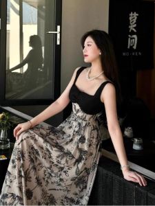 New Chinese Style Watercolor Floral Print Beach Dress Womens Summer Slimming Strapless Long Skirt V-neck A-line Gown