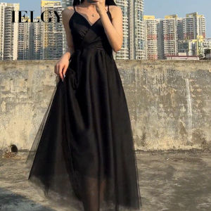 IELGY Đầm Hai Dây Lưới Màu Đen Cho Nữ