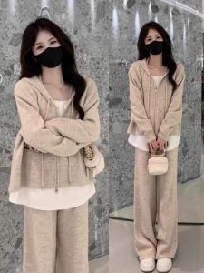 Casual Fashionable Hoodie And Wide Leg Pants Two Piece Set Womens Autumn Ensemble 2025 New Style Loose Fit High Waist