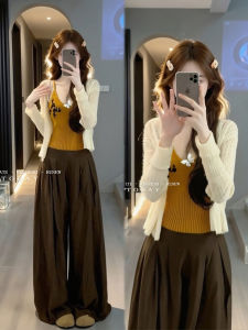 XUECAIQI | Spring Chic Matching Set Sweater Knit Cardigan Crop Top Wide Leg Pants 3PC