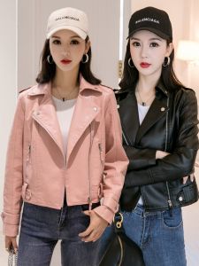 Slim Fit Motorcycle Jacket Womens Black PU Leather Coat Short Style Korean Version Fashionable for Small Figures
