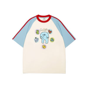 Guuka Trendy Brand Short Sleeve T-Shirt Men Summer Color Block Stripe Half Sleeve Heavy Pure Cotton Shoulder Insertion Top Women