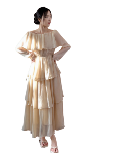 Cherishable Beige One-Shoulder Dress Korean Style High Waist Slimming Midi Cake Skirt Pure Color Summer Long Sleeve Womens Dress