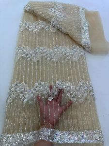 OLEVO | French Lace Fabrics High Quality African Beaded Embroidered Nigerian Sequins Tulle Lace 5 Yards For Sewing Party Dresses